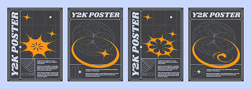 Retro futuristic style banners set with abstract design elements. Vector illustration of retrowave aesthetic posters, wireframe torus and orange signs on black background, y2k vibe flyer templates