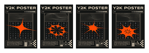 Poster template in modern y2k design style with orange burst shapes, abstract simple object and acid grid ornament, text box on black background. Vector set of banner and placard in 2000s aesthetic.