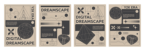 Set of y2k aesthetic techno banners. Vector illustration of retrowave style posters with black geometric wireframe shapes, globe, torus, lines on yellow background, retro futuristic vibe flyers