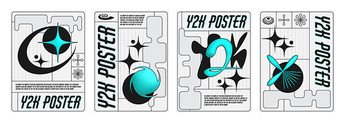 Retro futuristic art style banners set with abstract design elements. Vector illustration of retrowave aesthetic posters, turquoise signs, black text on white background, y2k vibe flyer templates