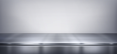 Sleek grey metal shiny surface with soft reflections and shadows. Minimalistic realistic 3d vector illustration of silver steel kitchen countertop or stainless desk surface in limbo like setting.