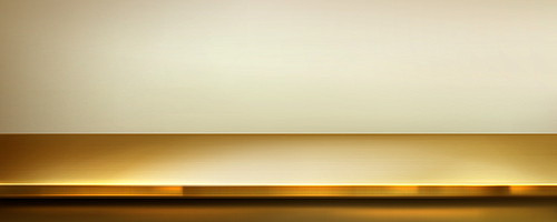 Sleek golden shiny kitchen desk surface with metallic texture, soft reflections and shadows. Realistic 3d vector illustration of gold colored metal countertop or shelf surface in limbo like setting.