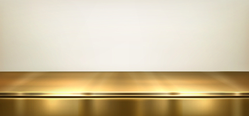 Shiny golden surface against beige wall background. Vector realistic illustration of yellow steel bar counter, product presentation podium, empty metal stage, glossy shelf, interior design element