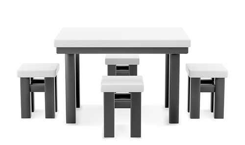 3D table and chairs isolated on white background. Vector realistic illustration of plastic or metal furniture mockup for trade fair booth, restaurant, home kitchen or dining room, clean tabletop