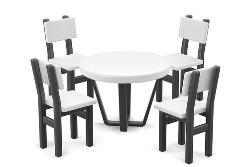 Booth round table and four chairs made from white plastic top and black legs for cafe or exhibition display. Realistic vector illustration of empty furniture for advertising and corporate presentation