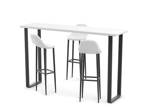 Booth high table and three chairs made from white plastic top and black legs. Cafe or exhibition display bar counter with stools. Realistic vector of empty furniture for advertising product show.