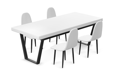 White 3D table and chairs isolated on background. Vector realistic illustration of plastic and metal furniture mockup for trade fair booth, office conference room, restaurant interior, home kitchen