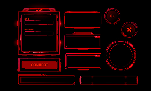 Futuristic red interface elements - login form with name, password fields and connect button, circular progress indicator and buttons, rectangular panels and frames. Sci fi game ui cyberpunk design.