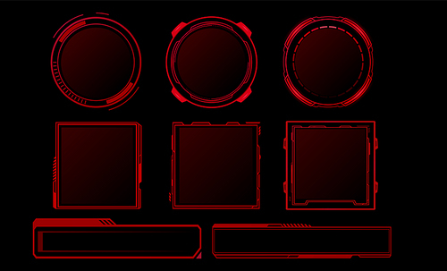 Futuristic red digital frames collection with circular borders, rectangular shapes and elongated banners for game interface design in cyberpunk style. Modern geometric sci fi aesthetic text boxes.