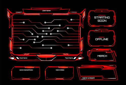 Shooter game and streaming overlay pack with futuristic neon glowing red cyberpunk frames design. Main display area with circuit patterns, status notifications for donations, raids and cheers.