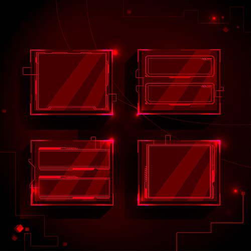 Sci fi notification frames with glowing red thin lines on dark background. Connected by digital circuit outlines with luminous dots. Game overlays or futuristic interface rectangular elements.