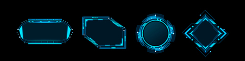 Futuristic glowing frames in neon blue set on dark background. Geometric tech designs of oval, asymmetric polygon, round and rhombus shapes for cyberpunk game interface elements or sci fi graphics.