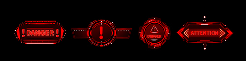 Red illuminated frames with warning signs and text. Distinct tech styled designs display danger and attention messages with exclamation marks for game interface alerts or digital notification systems.