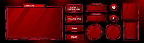 Game stream ui frames set isolated on black background. Vector realistic illustration of red gradient borders for streaming platform, buttons with heart and lightning signs, user interface design