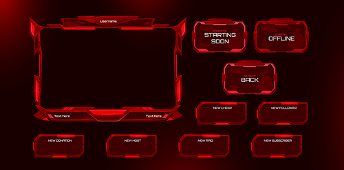 Game stream ui borders set isolated on black background. Vector realistic illustration of red frames for streaming platform, online and offline buttons, user interface design elements collection