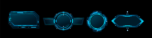 Futuristic blue frames with neon glowing tech elements on black backdrop. Various geometric shapes - circular, rectangular, hexagonal game borders. Realistic sci fi hud interface design overlay.