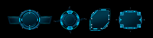 Hud ui game frame. Tech interface element. Cyber space hologram to display menu data. Digital sci fi bar border for infographic layout. Blue virtual dashboard label. Spaceship techno window design