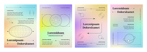 Poster and banner template in y2k style with pastel fluid colors gradient background and simple geometric grad line elements. Vector set of design layout with hologram rainbow effect and typography.