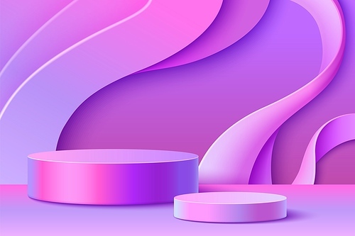 3d pink hologram podium background. Abstract cosmetic product platform bg. Holographic gradient cylinder pedestal in studio room with wave flow on wall. Premium bright modern realistic sward showcase