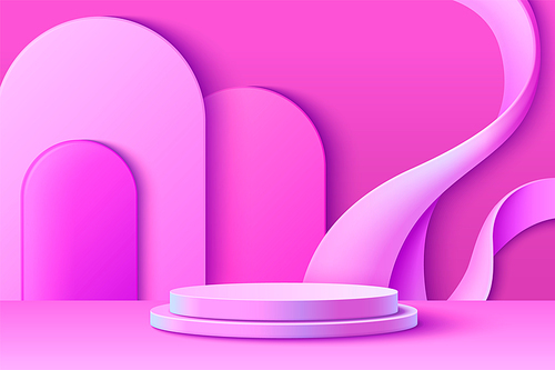 Bright pink hologram product podium with abstract arch and wave decorative elements on wall of studio room. Realistic 3d vector cylinder showcase platform with holographic iridescent gradient color.