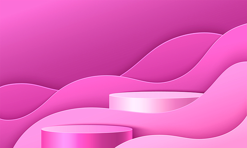 Pink abstract background with two cylinder product podium and geometric fluid wave layers elements on wall for Valentine day promo. Realistic 3d bg with showcase pedestal. Goods display platform.