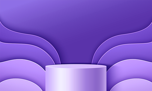 Purple abstract background with cylinder product podium and geometric fluid wave layers elements on wall for promo. Realistic 3d violet bg with showcase pedestal. Goods display platform.