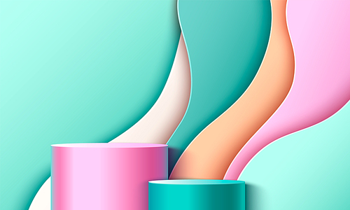 Two cylinder green and pink product podium with wave layers abstract geometric wall for goods display and promotion. Realistic 3d studio room background with template of round pedestal and curve shape