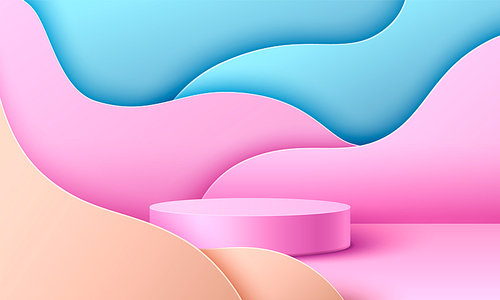 Round podium on abstract pastel color background. Vector realistic illustration of pink cylinder shape platform against blue and beige wave background, beauty product presentation studio design