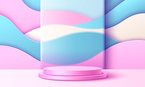 3d wave layers studio with product display podium. Abstract minimal scene in blue and pink with glass base mockup. Empty realistic geometric and wavy cosmetic presentation space backdrop render.