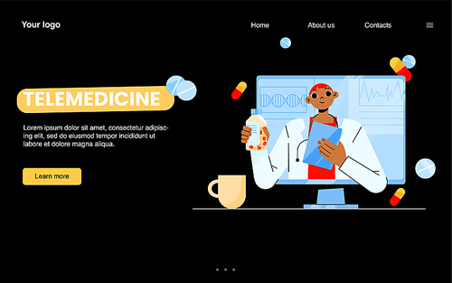 Telemedicine banner. Concept of online doctor consultation, remote healthcare. Vector landing page of medical consult service with flat illustration of man with stethoscope and pills on screen