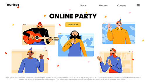 Online party banner with happy people celebrating birthday or holiday, play guitar and sing. Vector landing page of video call, virtual meeting with flat illustration of men and women on screens