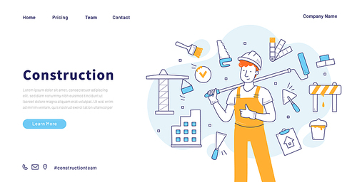 Construction and building doodle landing page. Repair service worker in uniform with roller tool. Builder, repairman, renovation employee or foreman character with equipment, Line art vector banner