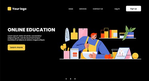 Online education banner with man studying cooking with video lesson, webinar or lecture on tablet. Concept of digital technologies for training, Internet courses and classes, vector landing page