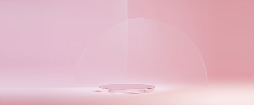 Round glass podium on light pink background. Vector realistic illustration of cosmetic or female health product presentation platform, elegant pastel showroom with transparent display for advertising