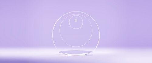 Luxury circular glass display podium with delicate rings backdrop on pastel purple background. Minimalist platform space for products presentation. Premium setup with transparent geometric elements.