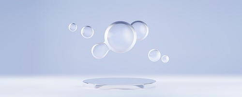 Round glass product podium with floating blob bubble formations on soft blue backdrop. Minimalist luxury display with transparent spheres. Premium realistic 3d vector delicate presentation platform.