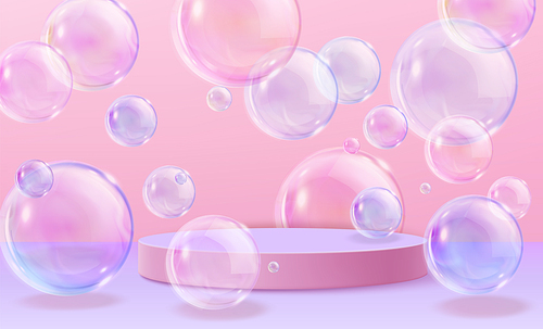 Transparent floating bubbles surrounding pink circular podium on pastel background. Realistic 3d platform with spheres with purple tinted reflections for product display or cosmetic advertising.