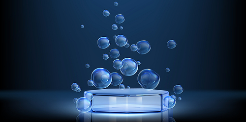 Illuminated glass podium surrounded by translucent floating spheres on dark backdrop. Realistic 3d vector glowing blue platform with scattered bubbles rising upward for luxury product presentation.