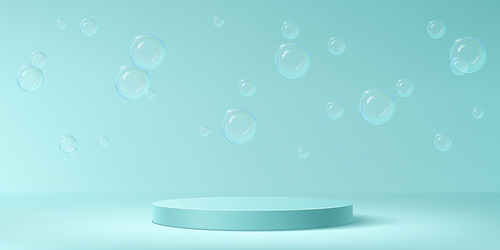 Minimalist 3d composition with turquoise circular podium with floating transparent soap bubbles scattered on mint gradient background. Clean, fresh product presentations or bath cosmetics display.