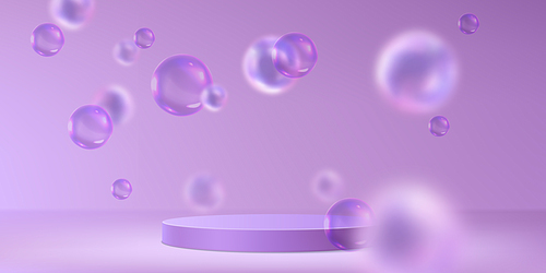 Round podium on purple background with soap bubbles in air. Vector realistic illustration of cosmetic, perfume, detergent product presentation platform, lilac showroom with glossy balls and stage