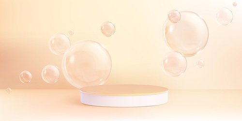 3d circle product podium with abstract bubble on background. White platform for cosmetic showcase in minimal pastel studio room. Round empty pedestal with soap bg for presentation and promotion