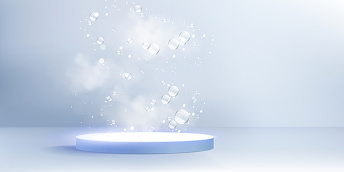 3d blue circle podium with bubble for product. Abstract cosmetic platform with cloud and flying realistic soap sphere in studio. Minimal pastel room render with pedestal on floor and smoke on bg.