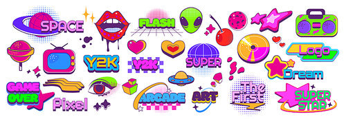 Y2k colorful abstract shape and sticker. Cartoon vector illustration set of symbols in 2000s and brutalist style design. Retro futuristic collection of cool graphic forms. Vintage psychedelic elements