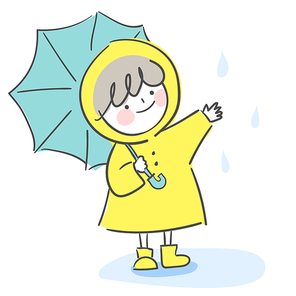 비오는 날 우비를 입은 채 우산을 들고 있는 아이