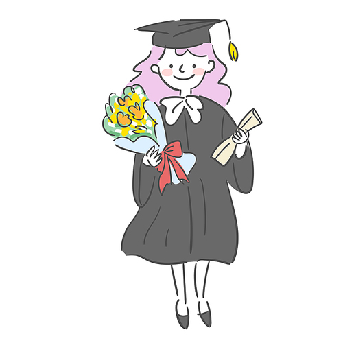졸업식 일러스트_졸업가운과 학사모를 쓰고 꽃다발을 들고 서 있는 여자