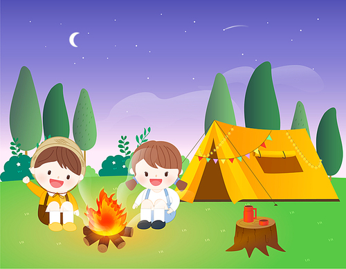 즐거운 밤 캠핑을 즐기는 어린이들 일러스트