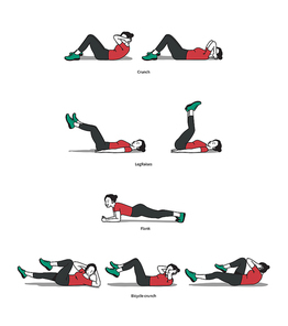 복부 운동을 위해 홈 트레이닝으로 바이시클 크런치, 레그 레이즈, 플랭크, 크런치를 하는 여성의 운동 가이드. 벡터 일러스트레이션, 라인 아트