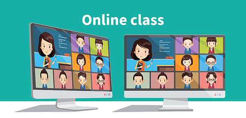 온라인으로 진행되는 수업 또는 회의. 코로나 바이러스 격리로 인한 원격교육. 집에서 공부하는 학생. 노트북 스크린 샷.