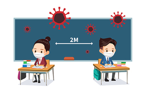 교실에서 학생들이 감염을 예방하기 위해 서로 멀리 떨어져 마스크를 쓰고 공부하는 모습. 코로나 바이러스를 예방하기위한 사회적 거리두기.