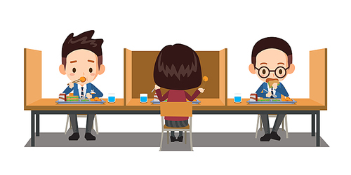 학생들이 서로 떨어져 앉아 사회적 거리를 두고 점심을 먹는다. 아이들 사이의 칸막이가 바이러스를 예방해준다.